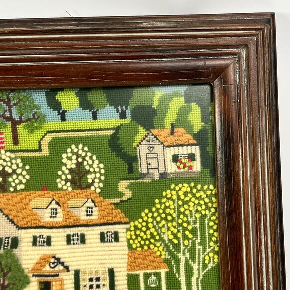 Framed 1981 Folk Art Needlepoint Horse Buggy Country Scene Signed 22.5"x19" Vtg - Picture 4 of 16